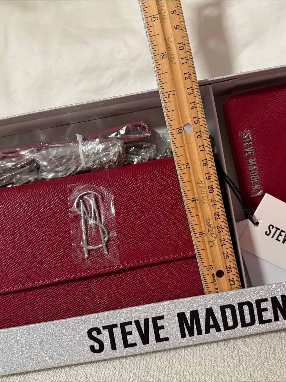 New Steve Madden Red Saffiano Crossbody Wallet with Silver Logo